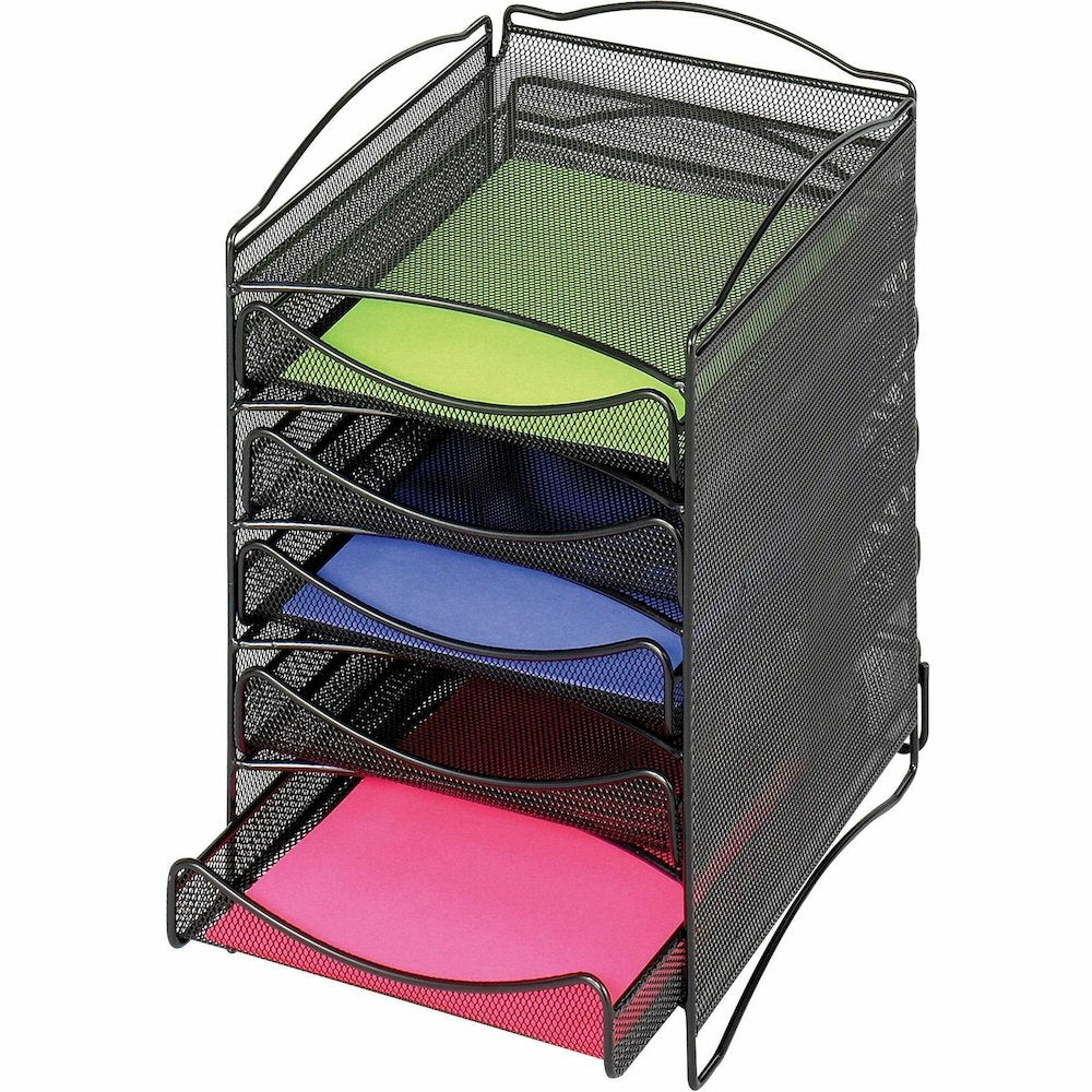 Safco 5-Compartment Mesh Desktop Organzier - Compartment Size : 1.75'' x 9.50'' x 12.25'' - 15.25'' Height x 10.25'' Width x 12.75'' Depth - Desktop - Stackable - Powder Coated - Black - Steel - 1 Each
