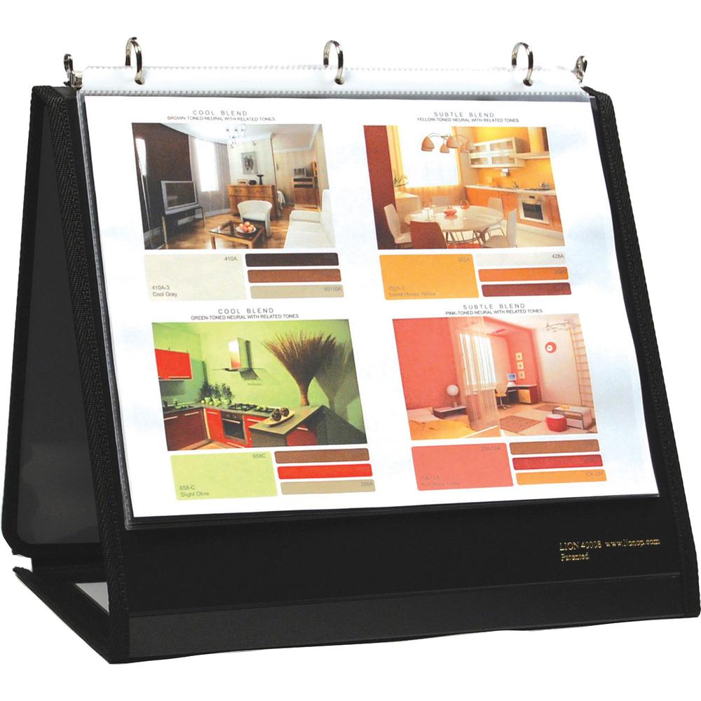 Lion Insta-Cover Round Ring Easel Binder - 1 1/2'' Binder Capacity - Letter - 8 1/2'' x 11'' Sheet Size - 3 x Round Ring Fastener(s) - 80 Pocket(s) - Black - Recycled - Label Holder, Reinforced Sewn Edge