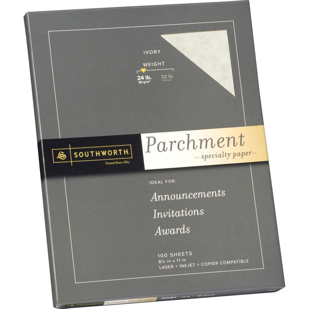 Southworth Parchment Specialty Paper - Letter - 8 1/2'' x 11'' - 24 lb Basis Weight - Parchment - 100 / Pack - Acid-free, Lignin-free - Ivory
