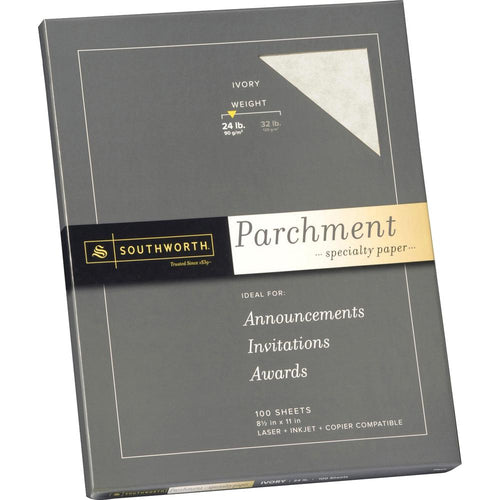 Southworth Parchment Specialty Paper - Letter - 8 1/2'' x 11'' - 24 lb Basis Weight - Parchment - 100 / Pack - Acid-free, Lignin-free - Ivory
