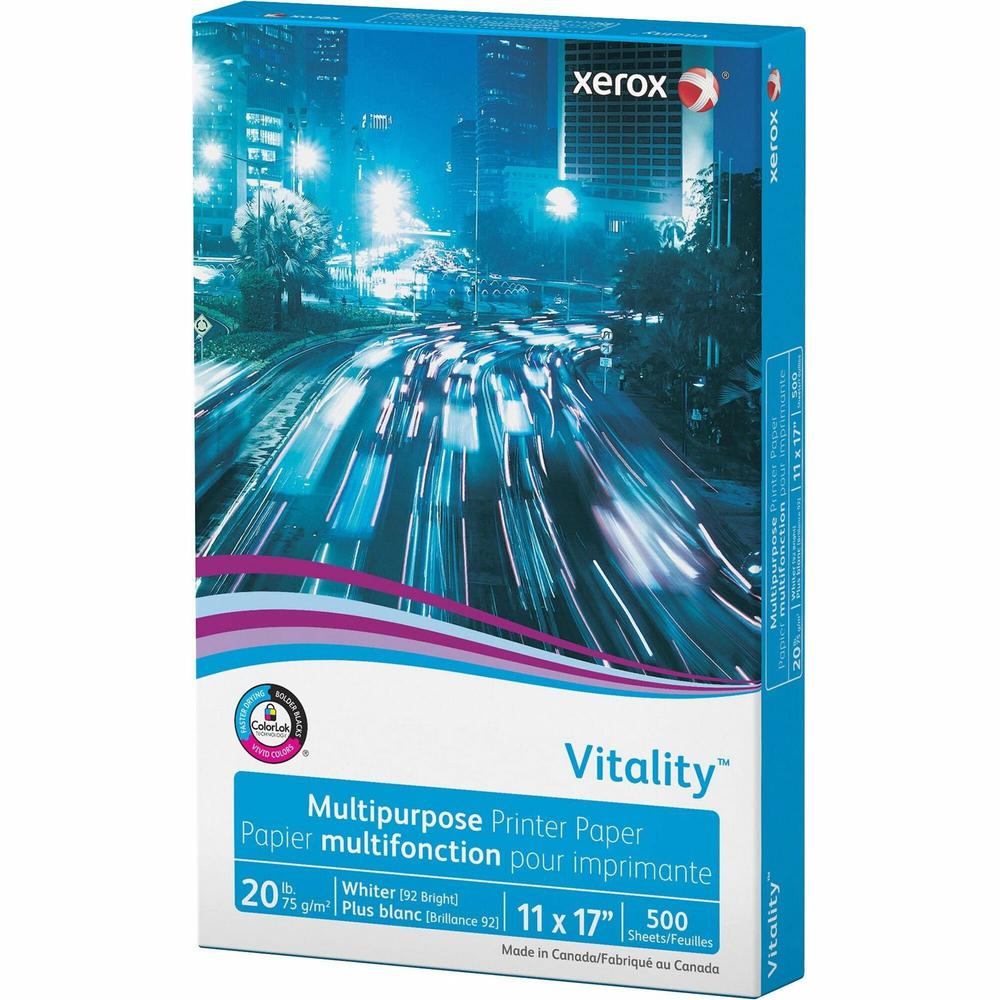 Xerox Vitality Multipurpose Printer Paper - White - 92 Brightness - 90% Opacity - 11'' x 17'' - 20 lb Basis Weight - 1 / Ream - Jam-free, ColorLok Technology - White