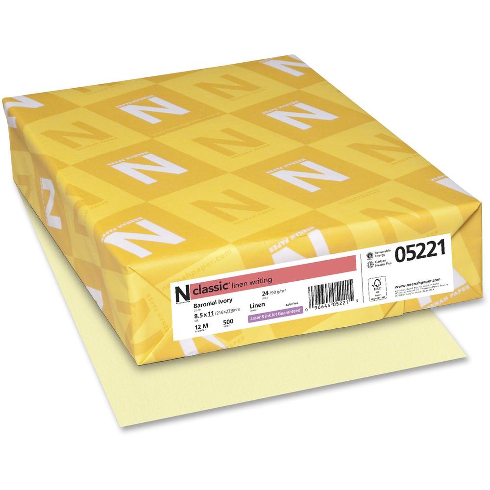 Classic Premium Paper - Ivory - Letter - 8 1/2'' x 11'' - 24 lb Basis Weight - Linen - 500 / Ream - Carbon Neutral - Watermarked, Acid-free, Archival-safe, Printable - Baronial Ivory - Neenah