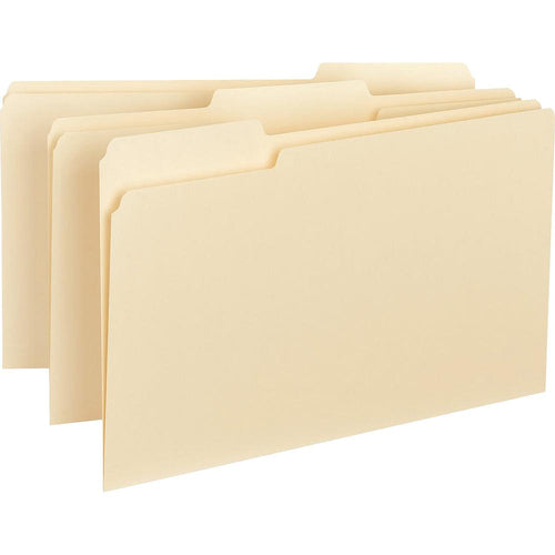 Business Source 1/3 Tab Cut Legal Recycled Top Tab File Folder - 8 1/2'' x 14'' - Top Tab Location - Assorted Position Tab Position - Manila - 10% Recycled - 100 / Box