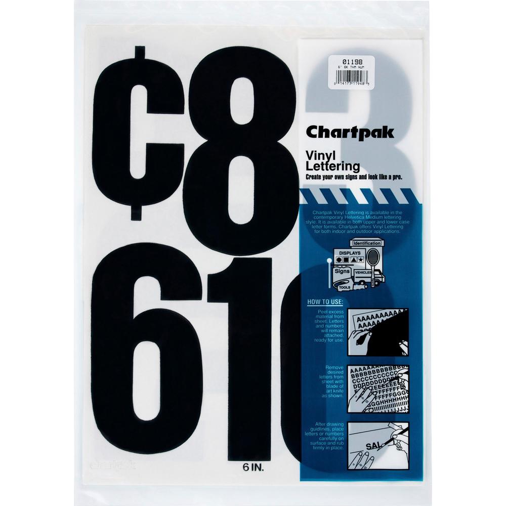 Chartpak Permanent Adhesive Vinyl Numbers - 21 x Numbers Shape - Self-adhesive - 6'' Height x 15'' Length - Black - Vinyl - 21 / Pack