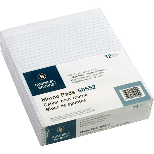 Business Source Glued Top Ruled Memo Pads - Letter - 50 Sheets - Glue - Wide Ruled Front Ruling - 16 lb Basis Weight - Letter - 8 1/2'' x 11'' Sheet Size - White Paper - 12 / Dozen
