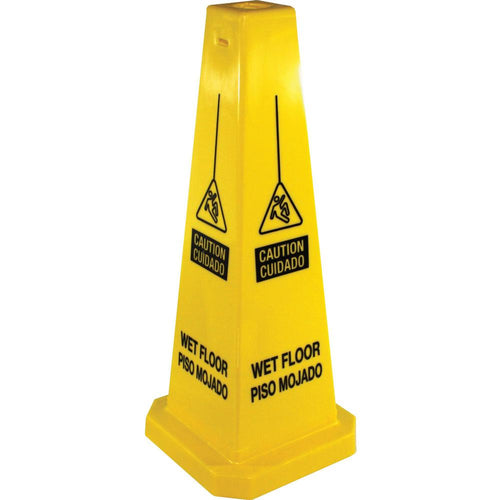 Genuine Joe Bright 4-sided Caution Safety Cone - 1 Each - English, Spanish - 10'' Width x 24'' Height x 10'' Depth - Cone Shape - Stackable - Industrial - Polypropylene - Yellow