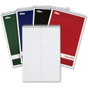 TOPS Gregg-ruled Steno Book - 80 Sheets - Wire Bound - 15 lb Basis Weight - 6'' x 9'' - 1.25'' x 9'' x 6'' - White Paper - Red, Green, Black, Blue Cover - Durable Cover, Rigid, Chipboard Backing, Acid-free