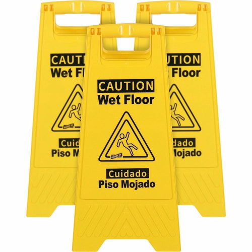 Genuine Joe Universal Graphic Wet Floor Sign - Print/Message ''Wet Floor'' - Foldable - Yellow - 3 / Bundle
