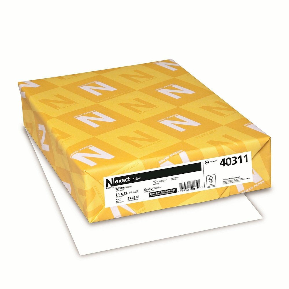 Neenah Index Paper - White - 94 Brightness - Letter - 8 1/2'' x 11'' - 90 lb Basis Weight - Smooth - Durable, Acid-free - White - 250/Pack - 2 / Bundle - Exact