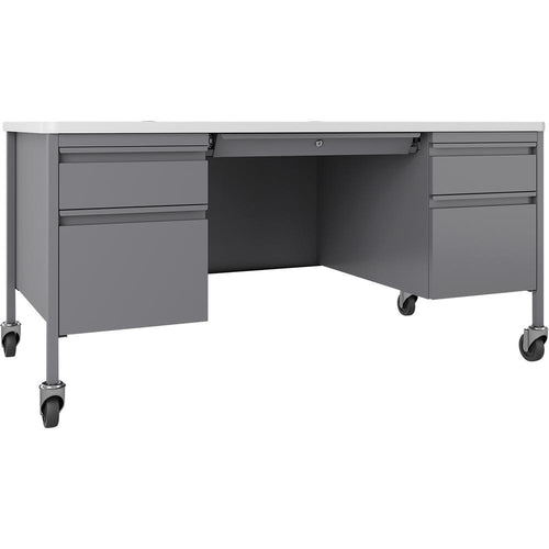 Lorell Fortress Series Mobile Double-Pedestal Teachers Desk - 60'' x 30''29.5'' - Box, File Drawer(s) - Double Pedestal - T-mold Edge - Finish: Gray