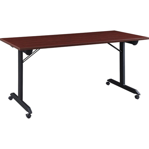 Lorell Mobile Folding Training Table - Rectangle Top - Powder Coated Base - 200 lb Capacity x 63'' Table Top Width - 29.50'' Height x 63'' Width x 24'' Depth - Assembly Required - Mahogany - Laminate Top