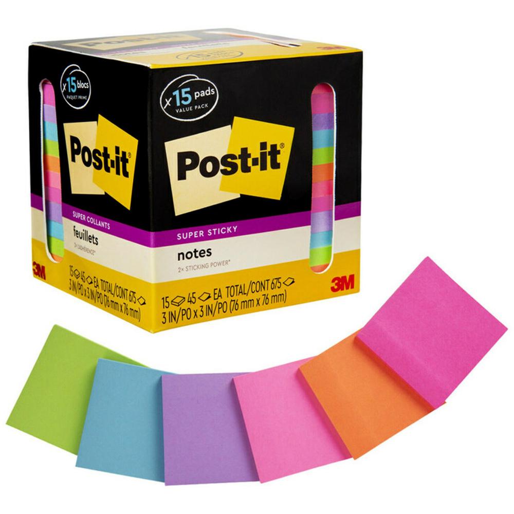 Post-it Super Sticky Notes - 15 - 3'' Flag/Note Width x 3'' Flag/Note Length - Square - 45 Sheets per Pad - Neon Orange, Tropical Pink, Power Pink, Iris, Blue Paradise, Neon Green Limeade - Adhesiv