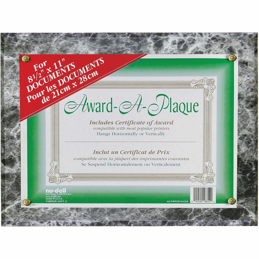 Golite nu-dell Woodgrain Award-A-Plaque - 13'' x 10.50'' Frame Size - Holds 11'' x 8.50'' Insert - Horizontal, Vertical - 1 Each - Black Marble - NuDell