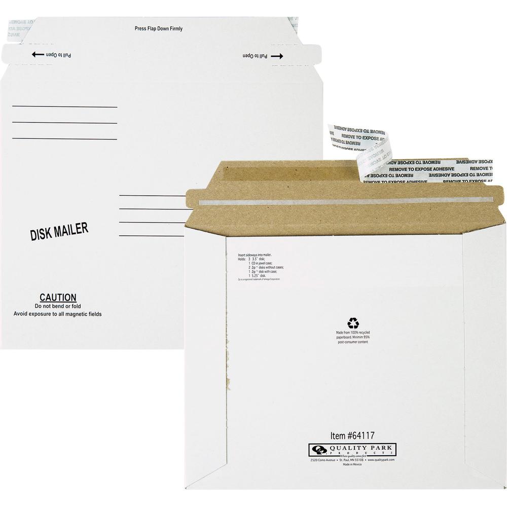 Quality Park Economy Disk/CD Mailers - Disc/Diskette - 7 1/2'' Width x 6 1/8'' Length - Self-sealing - Paperboard - 100 / Carton - White