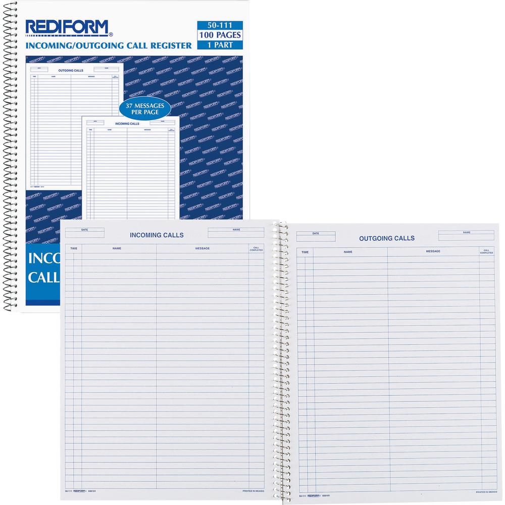 Rediform Incoming/Outgoing Call Register Book - 100 Sheet(s) - Wire Bound - 8.50'' x 11'' Sheet Size - White - White Sheet(s) - Blue Print Color - Recycled - 1 Each
