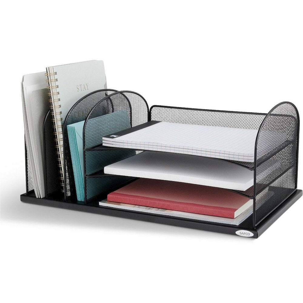 Safco Onyx 3 Tray/3 Upright Section Desk Organizer - 5 Compartment(s) - 8.25'' Height x 19.50'' Width x 11.50'' Depth - Desktop - Powder Coated - Black - Steel - 1 Each