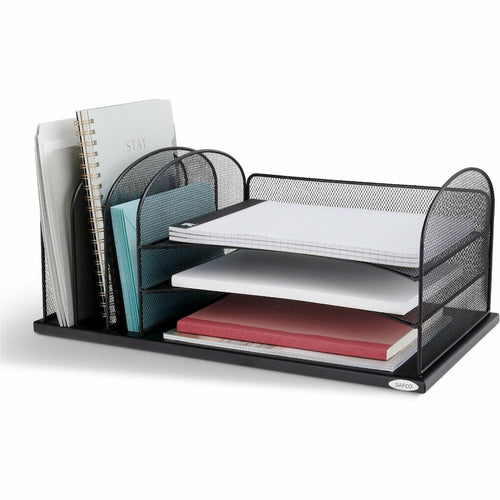 Safco Onyx 3 Tray/3 Upright Section Desk Organizer - 5 Compartment(s) - 8.25'' Height x 19.50'' Width x 11.50'' Depth - Desktop - Powder Coated - Black - Steel - 1 Each