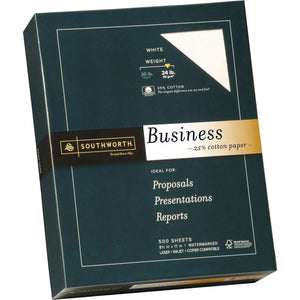 Southworth 24lb 25% Cotton Business Paper - Letter - 8 1/2'' x 11'' - 24 lb Basis Weight - Wove - 500 / Box - Watermarked, Acid-free, Date-coded, Lignin-free - White