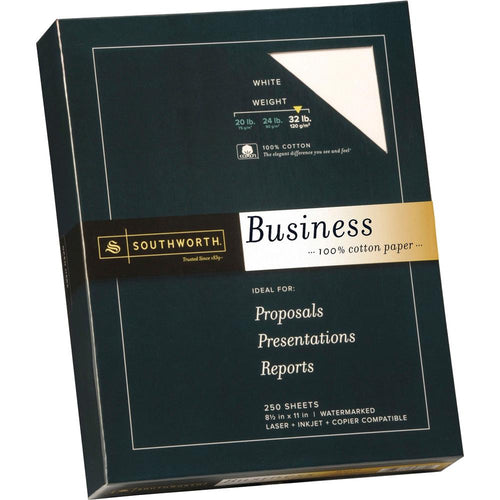 Southworth Premium Weight 100% Business Cotton Paper - Letter - 8 1/2'' x 11'' - 32 lb Basis Weight - Wove - 250 / Box - Acid-free, Watermarked - White