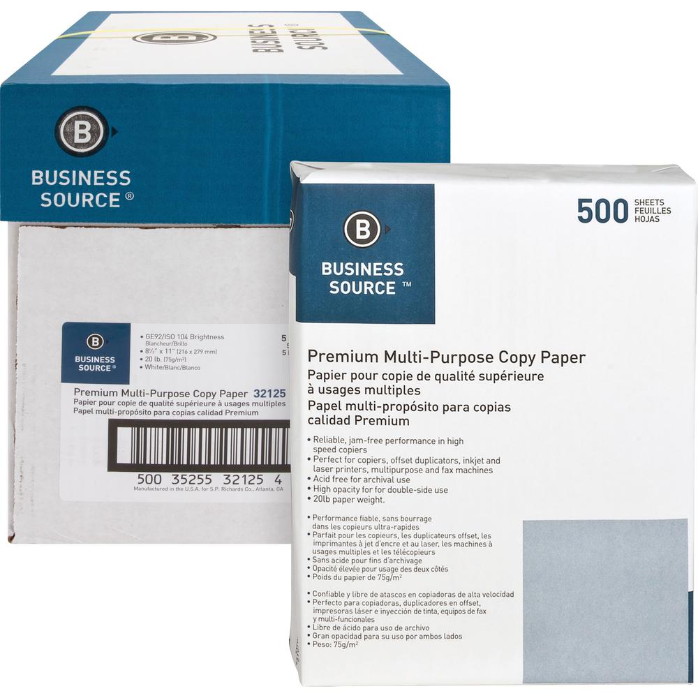 Business Source Premium Multipurpose Copy Paper - 92 Brightness - Letter - 8 1/2'' x 11'' - 20 lb Basis Weight - 5 / Carton - 2500 Sheets - 500 Sheets per Ream - 5 Ream per Case - Acid-free - White