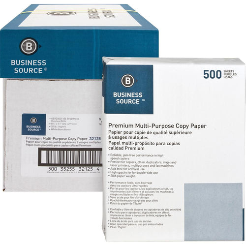 Business Source Premium Multipurpose Copy Paper - 92 Brightness - Letter - 8 1/2'' x 11'' - 20 lb Basis Weight - 5 / Carton - 2500 Sheets - 500 Sheets per Ream - 5 Ream per Case - Acid-free - White