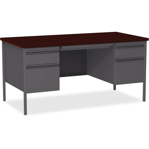 Lorell Fortress Series Double-Pedestal Desk - Rectangle Top - 60'' Table Top Width x 30'' Table Top Depth x 1.12'' Table Top Thickness - 29.50'' HeightAssembly Required - Laminated, Mahogany - Steel - 1 E