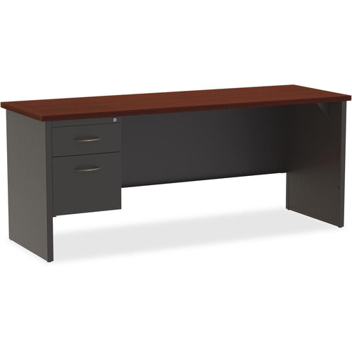 Lorell Fortress Modular Series Left-pedestal Credenza - 72'' x 24'' , 1.1'' Top - 2 x Box, File Drawer(s) - Single Pedestal on Left Side - Material: Steel - Finish: Mahogany Laminate, Charcoal - Scratch