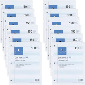 Sparco 3HP Filler Paper - 1800 Sheets - College Ruled Front Ruling - Ruled Red Margin - 16 lb Basis Weight - 8'' x 10 1/2'' Sheet Size - White Paper - Bleed-free - 150/Pack - 12 / Bundle