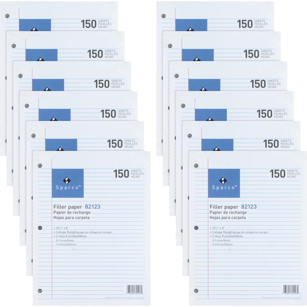 Sparco 3HP Filler Paper - 1800 Sheets - College Ruled Front Ruling - Ruled Red Margin - 16 lb Basis Weight - 8'' x 10 1/2'' Sheet Size - White Paper - Bleed-free - 150/Pack - 12 / Bundle