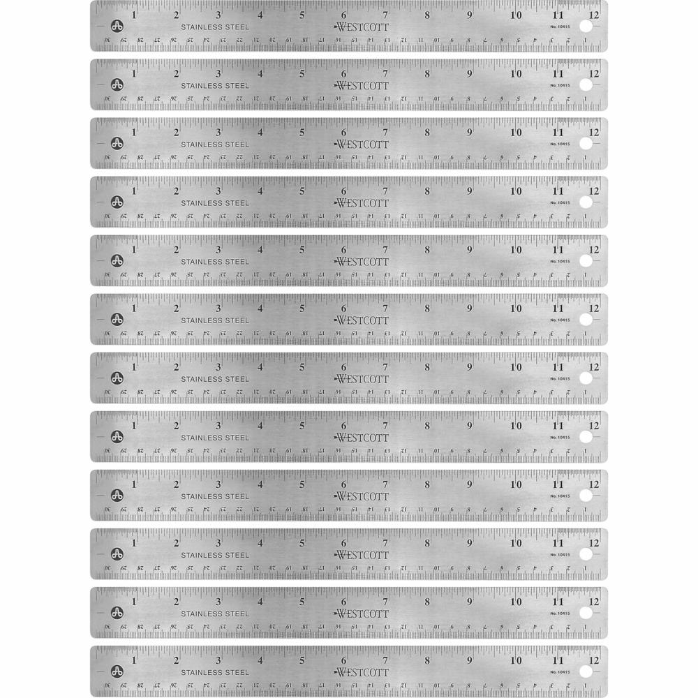 Westcott Stainless Steel Rulers - 12'' Length x 1'' Width - 1/16, 1/32 Graduations - Metric, Imperial Measuring System - Stainless Steel - Stainless Steel - 12 / Box