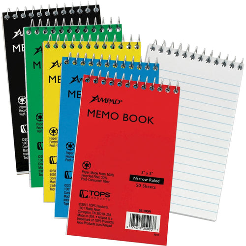 Ampad Topbound Memo Notebooks - 50 Sheets - Wire Bound - 3'' x 5'' Sheet Size - White Paper - Assorted Pressboard Cover - Rigid, Mediumweight - Recycled - 5 / Bundle