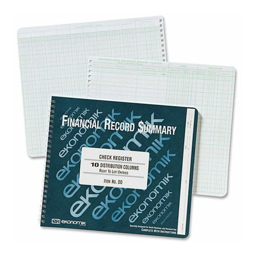 Ekonomik Check Register Forms - 40 Sheet(s) - Wire Bound - 10'' x 8.75'' Sheet Size - 10 Columns per Sheet - White Sheet(s) - Green Print Color - Recycled - 1 Each