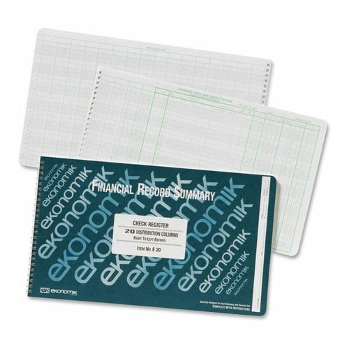 Ekonomik Financial Record Summary Check Register - 40 Sheet(s) - Wire Bound - 14.75'' x 8.75'' Sheet Size - 20 Columns per Sheet - White Sheet(s) - Green Print Color - Recycled - 1 Each