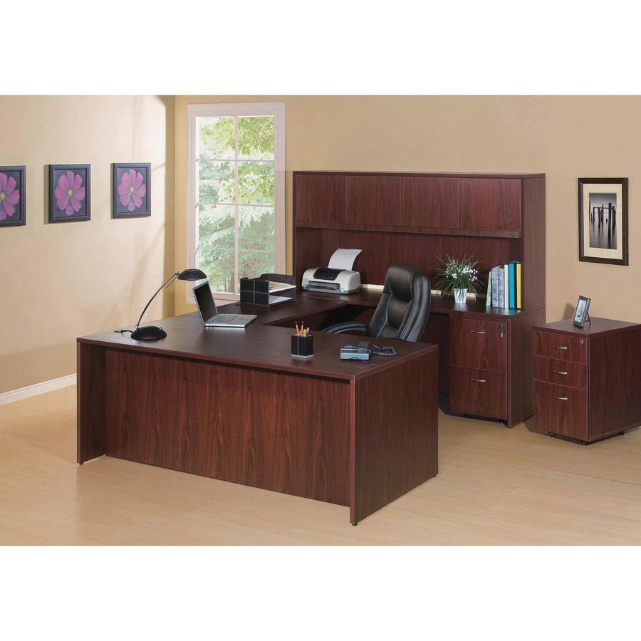 Lorell Essentials Series Corner Desk - 41.4'' x 41.4'' x 29.5'' - Finish: Laminate, Mahogany - Leveling Glide