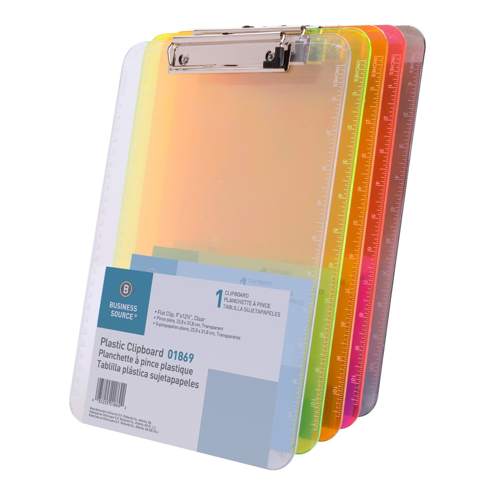 Business Source Flat Clip Clipboard - 9'' x 12'' Sheet Size - Plastic - Neon Green - 6 / Bundle