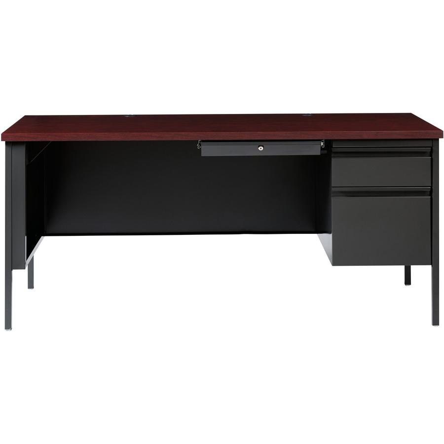 Lorell Fortress Series 66'' Right-Pedestal Desk - Rectangle Top - 66'' Table Top Width x 30'' Table Top Depth x 1.12'' Table Top Thickness - 29.50'' HeightAssembly Required - Laminated, Mahogany - Steel -