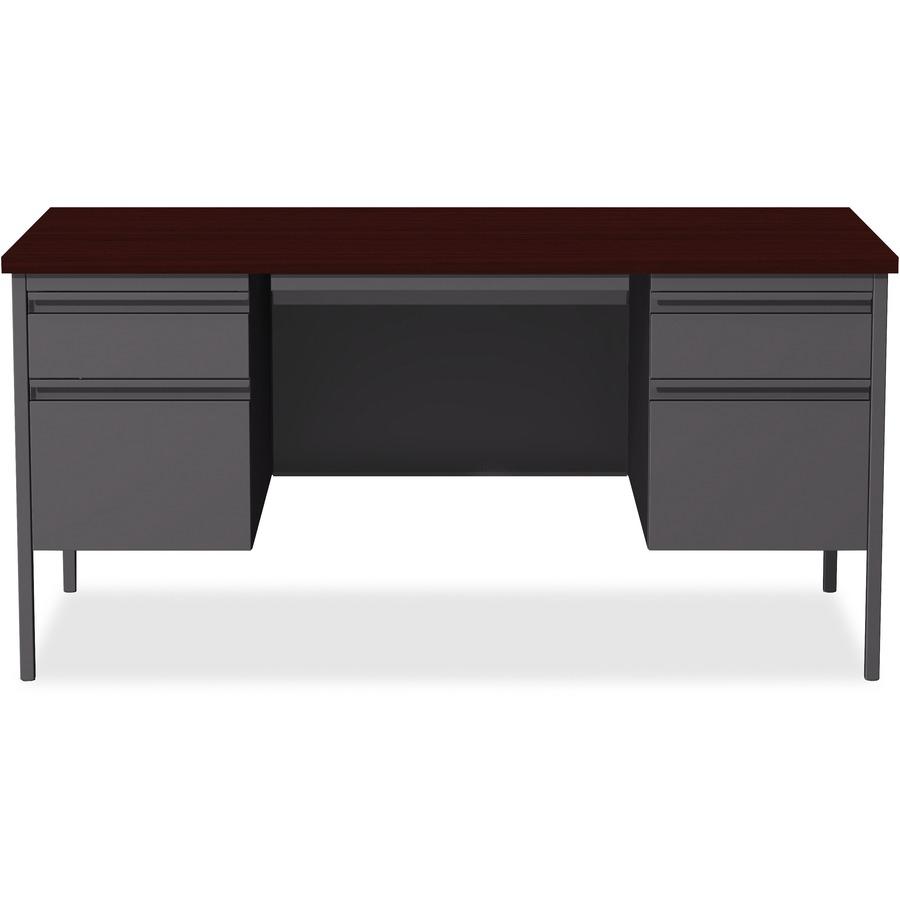 Lorell Fortress Series Double-Pedestal Desk - Rectangle Top - 60'' Table Top Width x 30'' Table Top Depth x 1.12'' Table Top Thickness - 29.50'' HeightAssembly Required - Laminated, Mahogany - Steel - 1 E