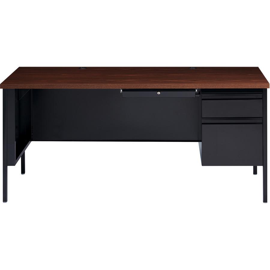 Lorell Fortress Series 66'' Right-Pedestal Desk - Laminated Rectangle, Walnut Top - 30'' Table Top Length x 66'' Table Top Width x 1.13'' Table Top Thickness - 29.50'' Height - Assembly Required - Black Wa