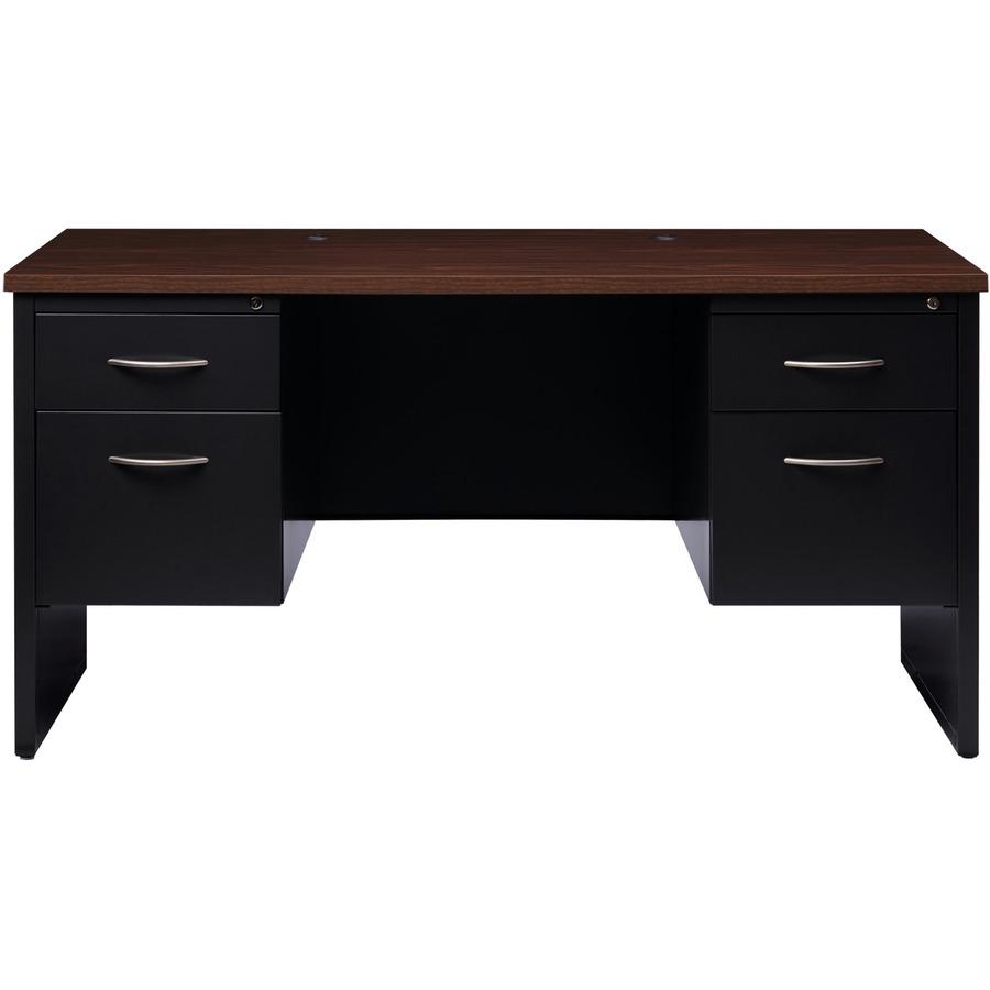 Lorell Fortress Modular Series Double-pedestal Credenza - 60'' x 24'' , 1.1'' Top - 2 x Box, File Drawer(s) - Double Pedestal - Material: Steel - Finish: Walnut Laminate, Black - Scratch Resistant, Stain
