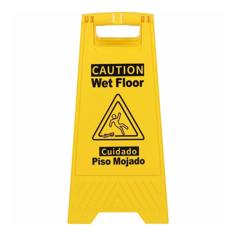 Genuine Joe Universal Graphic Wet Floor Sign - English, Spanish - Print/Message ''Wet Floor'' - Foldable - Yellow - 2 / Carton