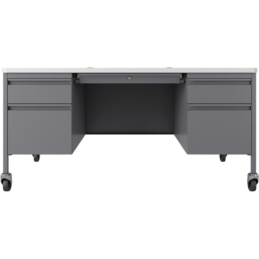 Lorell Fortress Series Mobile Double-Pedestal Teachers Desk - 60'' x 30''29.5'' - Box, File Drawer(s) - Double Pedestal - T-mold Edge - Finish: Gray
