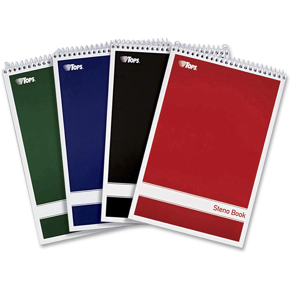 TOPS Gregg-ruled Steno Book - 80 Sheets - Wire Bound - 15 lb Basis Weight - 6'' x 9'' - 1.25'' x 9'' x 6'' - White Paper - Red, Green, Black, Blue Cover - Durable Cover, Rigid, Chipboard Backing, Acid-free