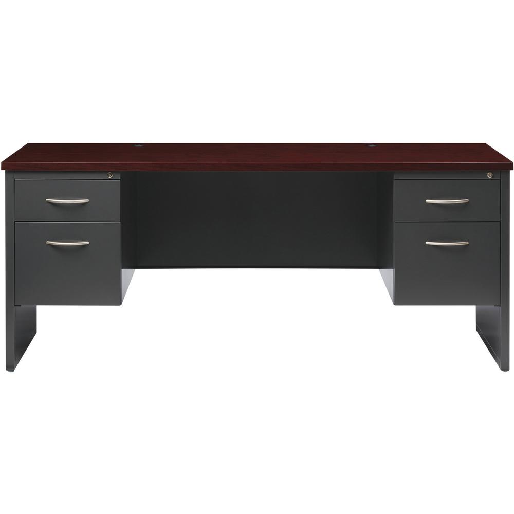 Lorell Fortress Modular Series Double-pedestal Credenza - 72'' x 24'' , 1.1'' Top - 2 x Box, File Drawer(s) - Double Pedestal - Material: Steel - Finish: Mahogany Laminate, Charcoal - Scratch Resistant,
