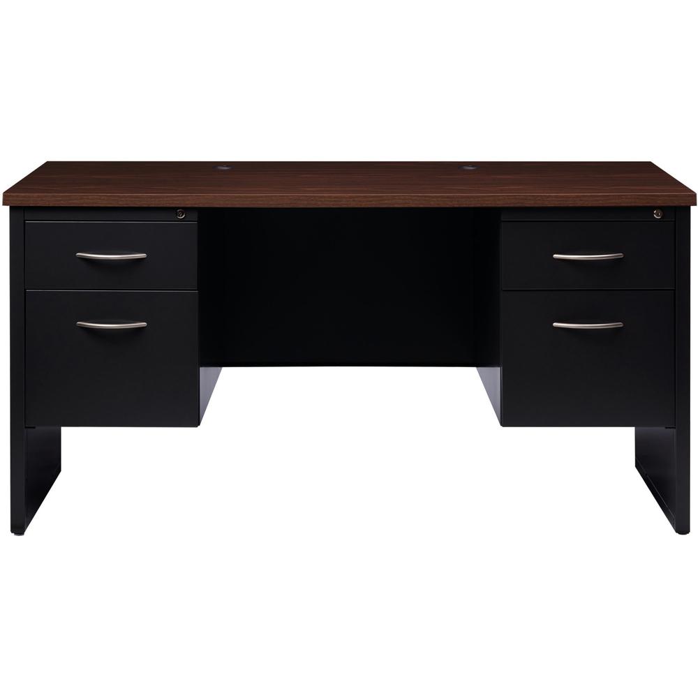 Lorell Fortress Modular Series Double-pedestal Credenza - 60'' x 24'' , 1.1'' Top - 2 x Box, File Drawer(s) - Double Pedestal - Material: Steel - Finish: Walnut Laminate, Black - Scratch Resistant, Stain