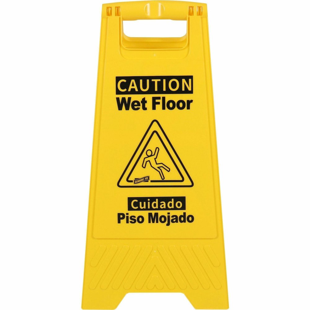 Genuine Joe Universal Graphic Wet Floor Sign - Print/Message ''Wet Floor'' - Foldable - Yellow - 3 / Bundle
