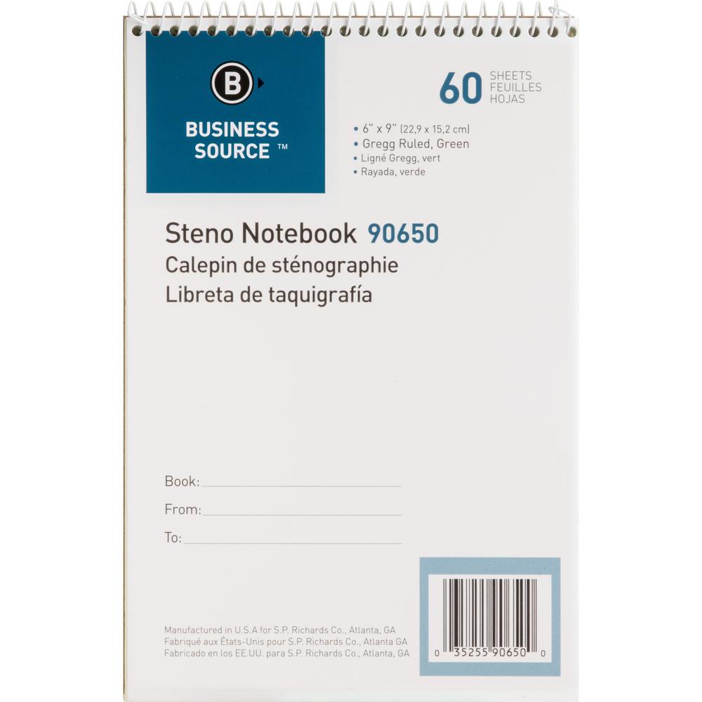 Business Source Steno Notebooks - 60 Sheets - Coilock - Gregg Ruled Front Ruling - 6'' x 9'' Sheet Size - Green Tint Paper - Stiff-back, Sturdy - 12 / Pack