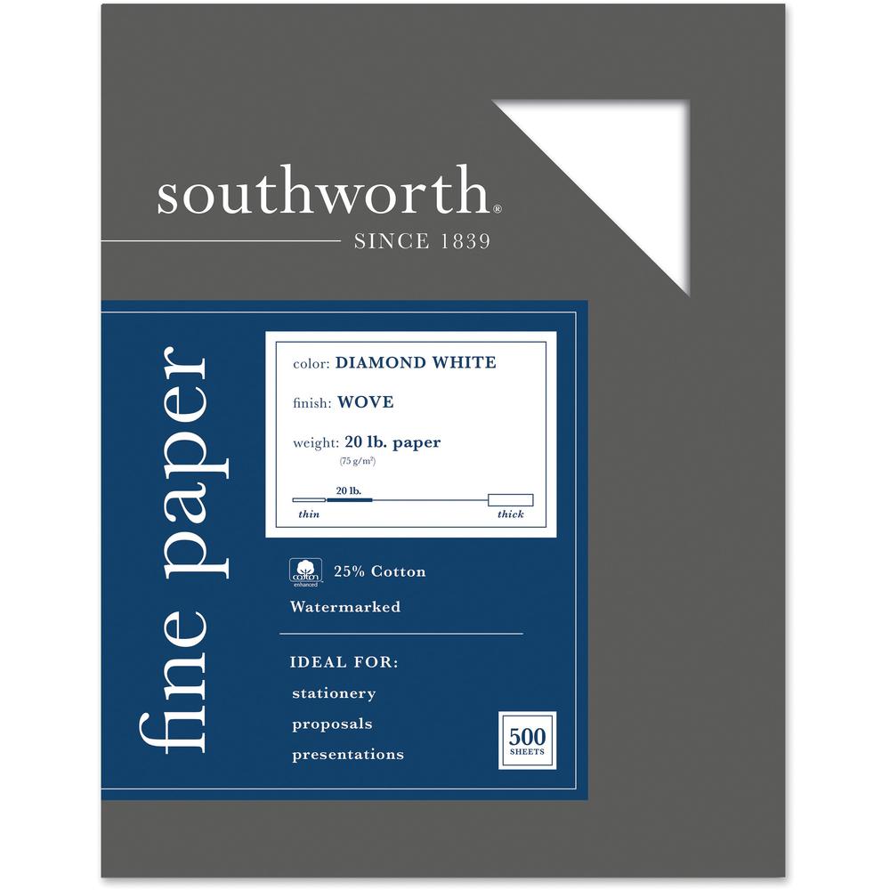 Southworth Diamond White Business Paper - Letter - 8 1/2'' x 11'' - 20 lb Basis Weight - Wove - 500 / Box - Acid-free, Watermarked - Diamond White