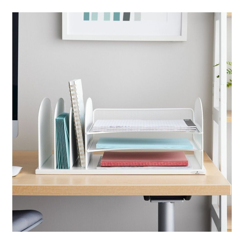 Safco Onyx 3 Tray/3 Upright Section Desk Organizer - 8.25'' Height x 19.50'' Width x 11.50'' Depth - Desktop - White - Steel - 1 Each