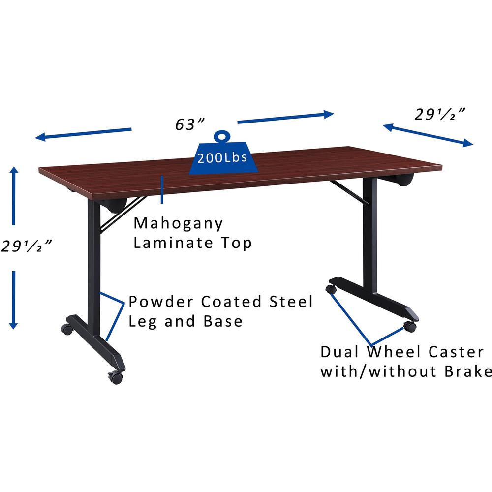 Lorell Mobile Folding Training Table - Rectangle Top - Powder Coated Base - 200 lb Capacity x 63'' Table Top Width - 29.50'' Height x 63'' Width x 29.50'' Depth - Assembly Required - Brown - Laminate Top