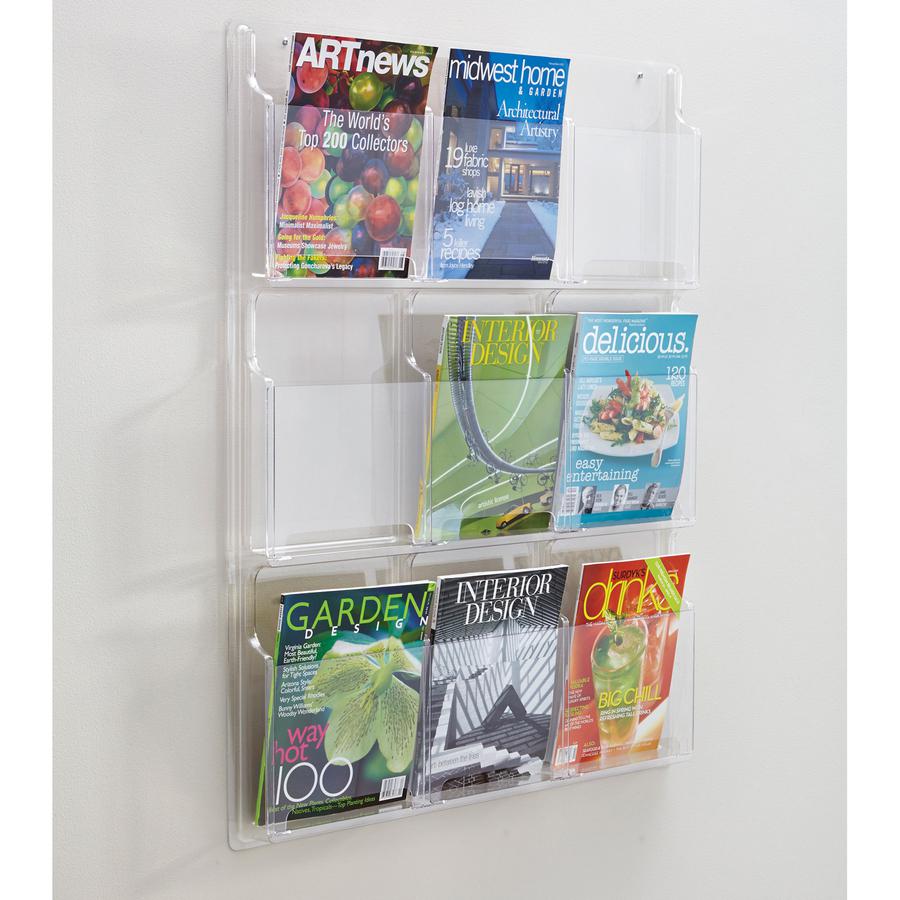Safco 9-Pocket Magazine/Literature Display Rack - 9 Pocket(s) - 36.88'' Height x 30'' Width x 2'' Depth - Break Resistant - Clear - Plastic - 1 Each